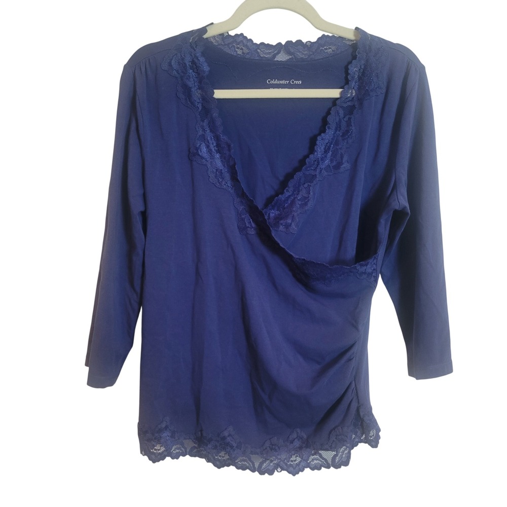 Coldwater Creek Womens Small Navy Blue Lace Trim Surplice Ruched Top‎ 3/4 Sleeve